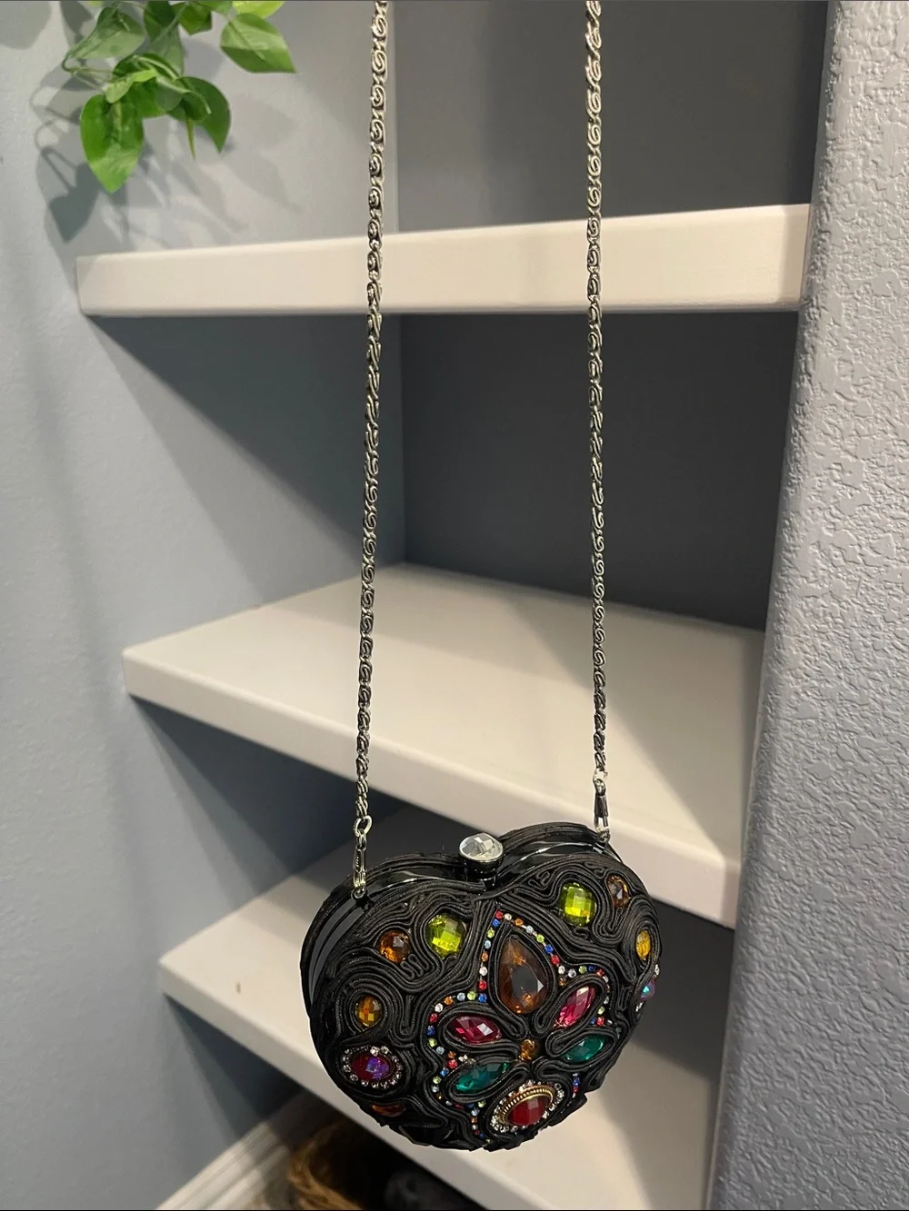 Mary Frances Black Heart Key/Card Holder with Multicolor Gem Accents